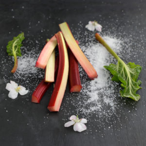 Still life with rhubarb, apple blossoms and sugar Still life with rhubarb, apple blossoms and sugar